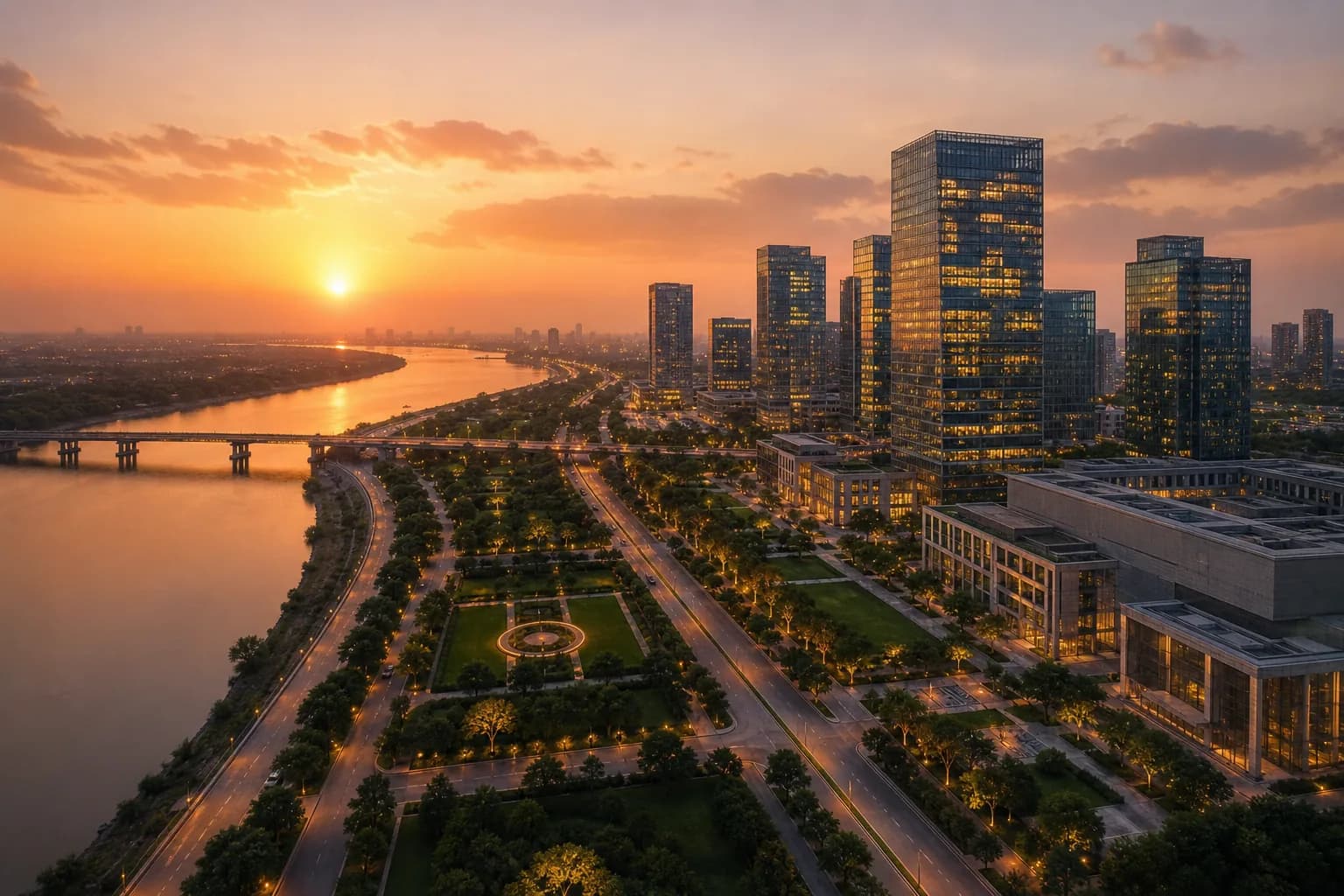 Aerial of GIFT City towers along the river at dusk. Illustrative, not a listing.