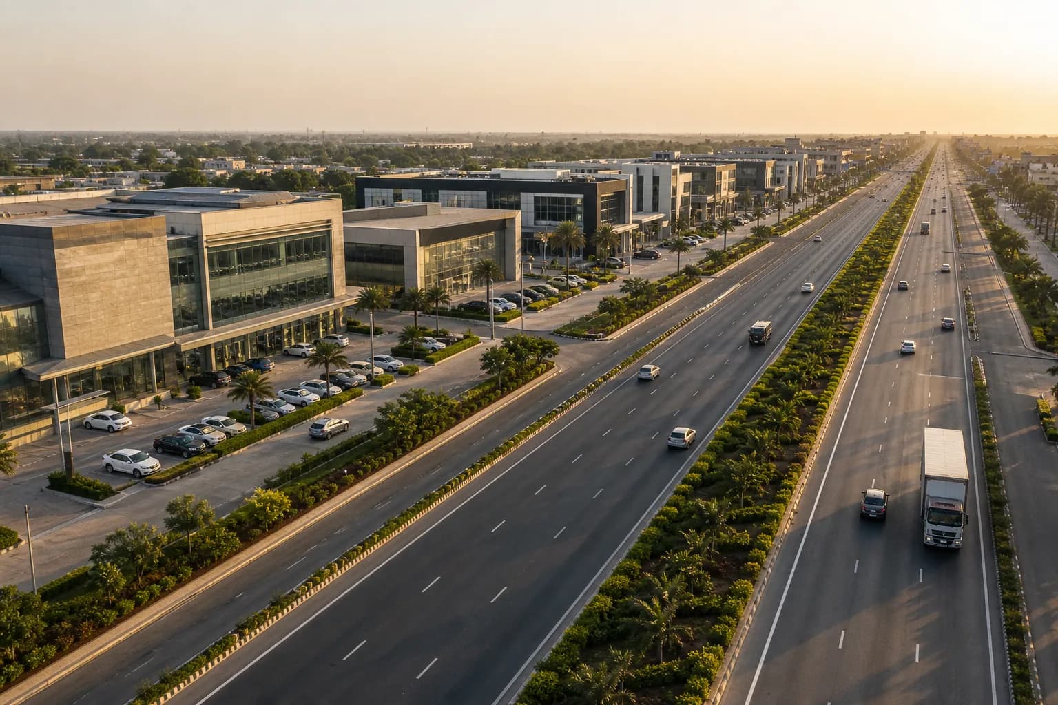 Aerial of the Koba highway commercial corridor with landscaped median and showroom frontage. Illustrative, not a listing.