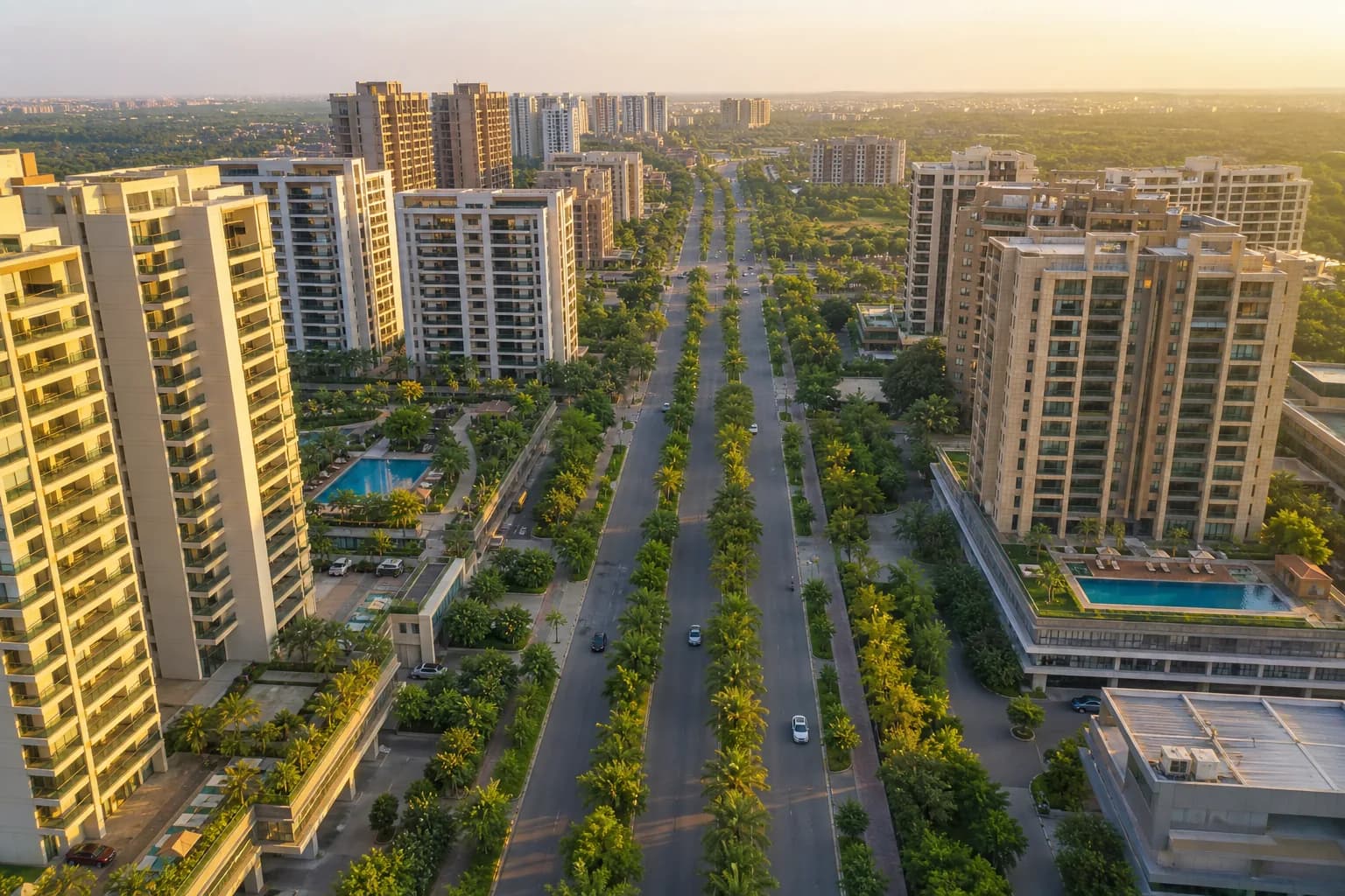 Aerial of Kudasan's boulevard and new residential towers with landscaped medians. Illustrative, not a listing.