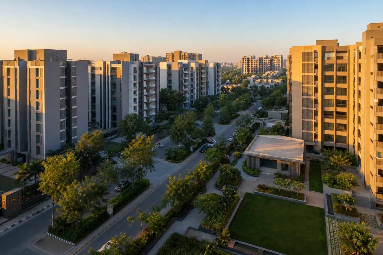 Aerial of a newer Randesan residential pocket with landscaped internal roads. Illustrative, not a listing.