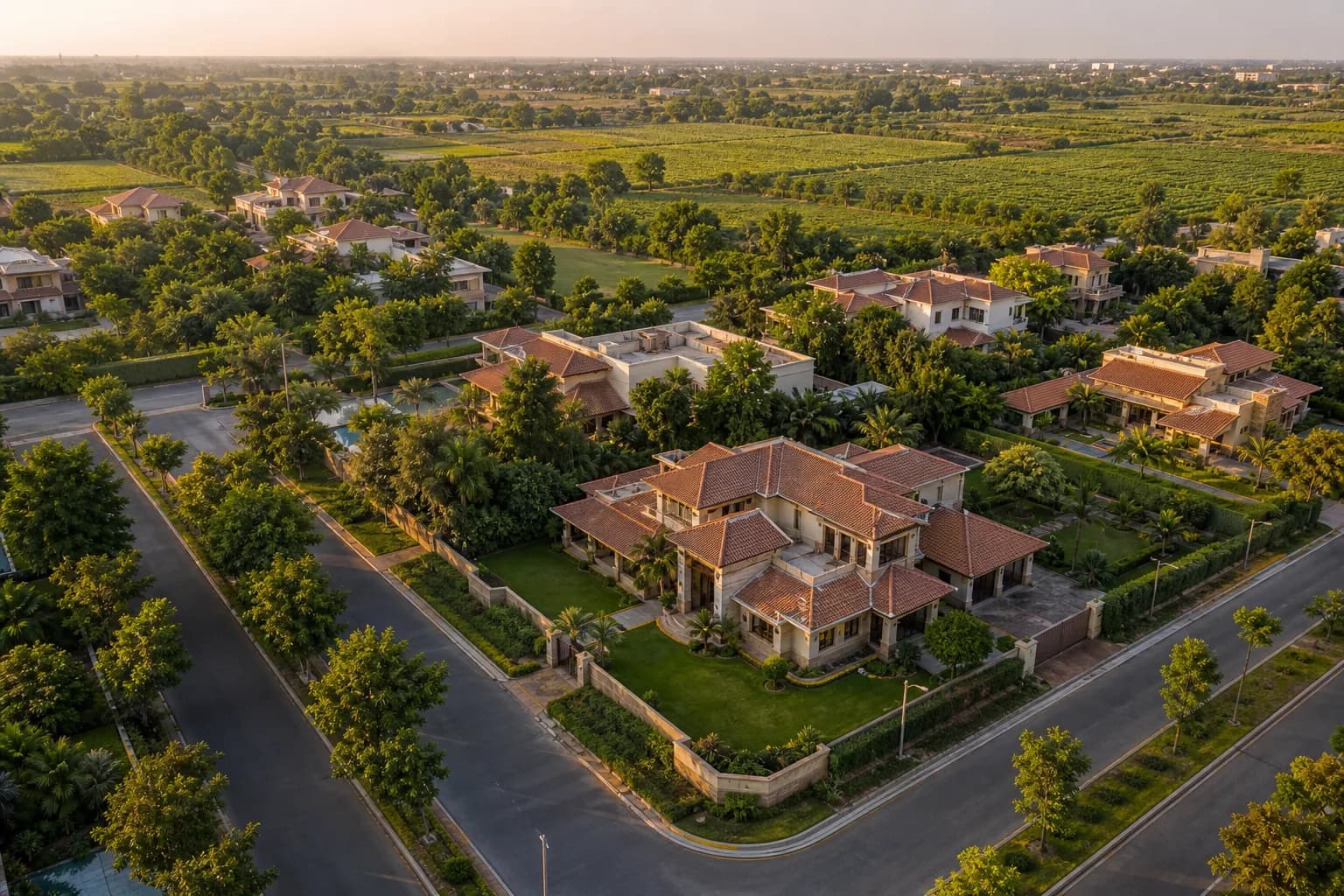 Aerial of Raysan bungalows on large plots against the green belt. Illustrative, not a listing.