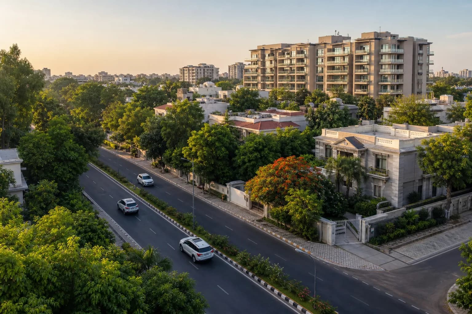 Aerial of established Sargasan: tree canopy, bungalows and a finished society at golden hour. Illustrative, not a listing.